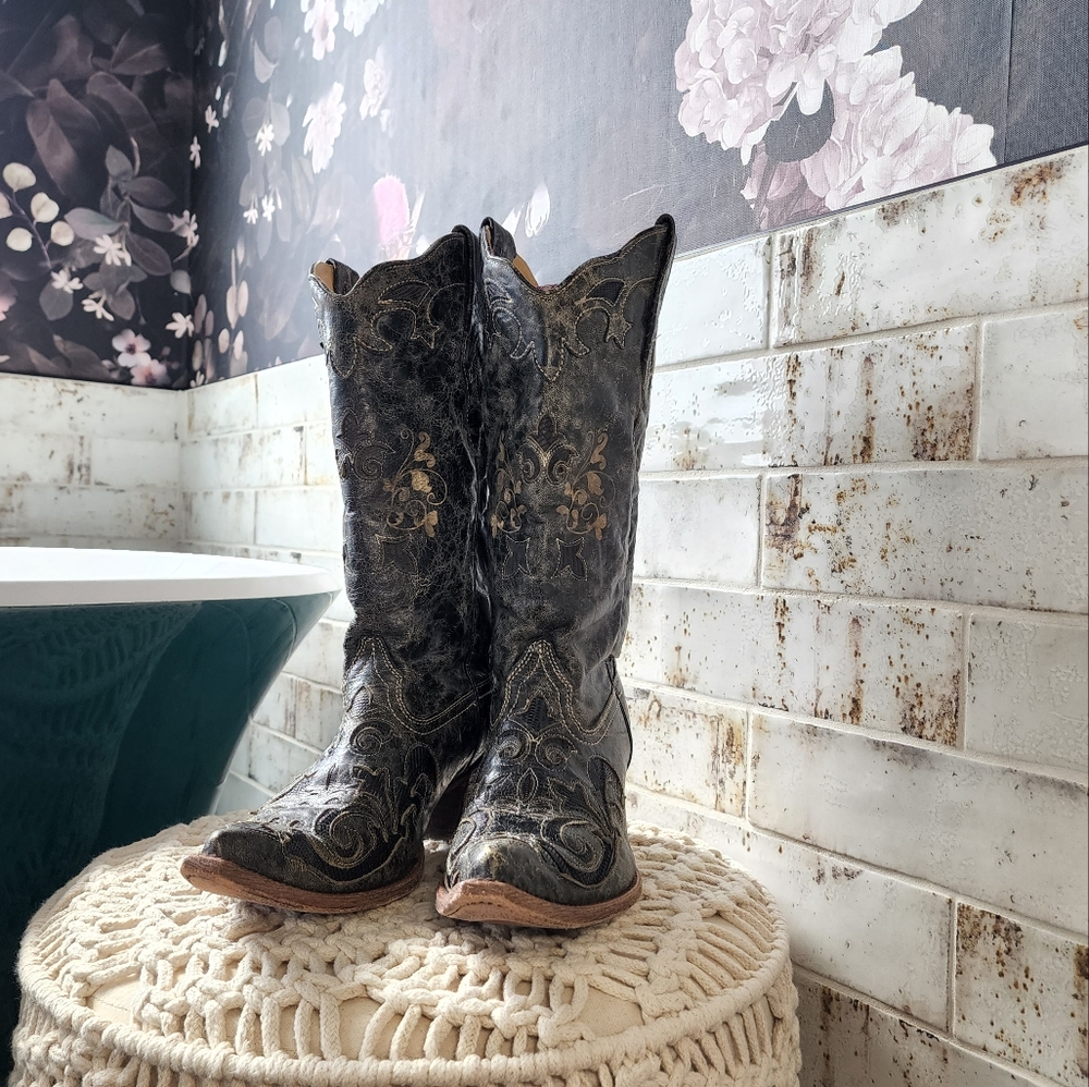 Corral Vintage Lizard-Inlay Snip-Toe Boots